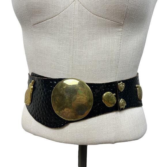 Vintage Rare 70s Black Leather Brass Fruit Applique Waist Belt M main image 2